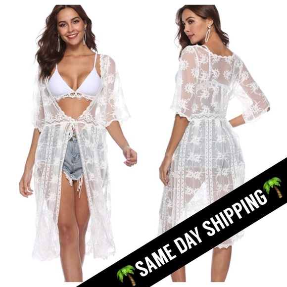 Other - 🌴SHIPS NOW🌴 White Floral Lace Long Kimono
